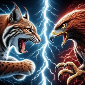 Lynx and eagle facing off amid lightning