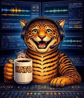 Tiger radio host with KATQ coffee mug